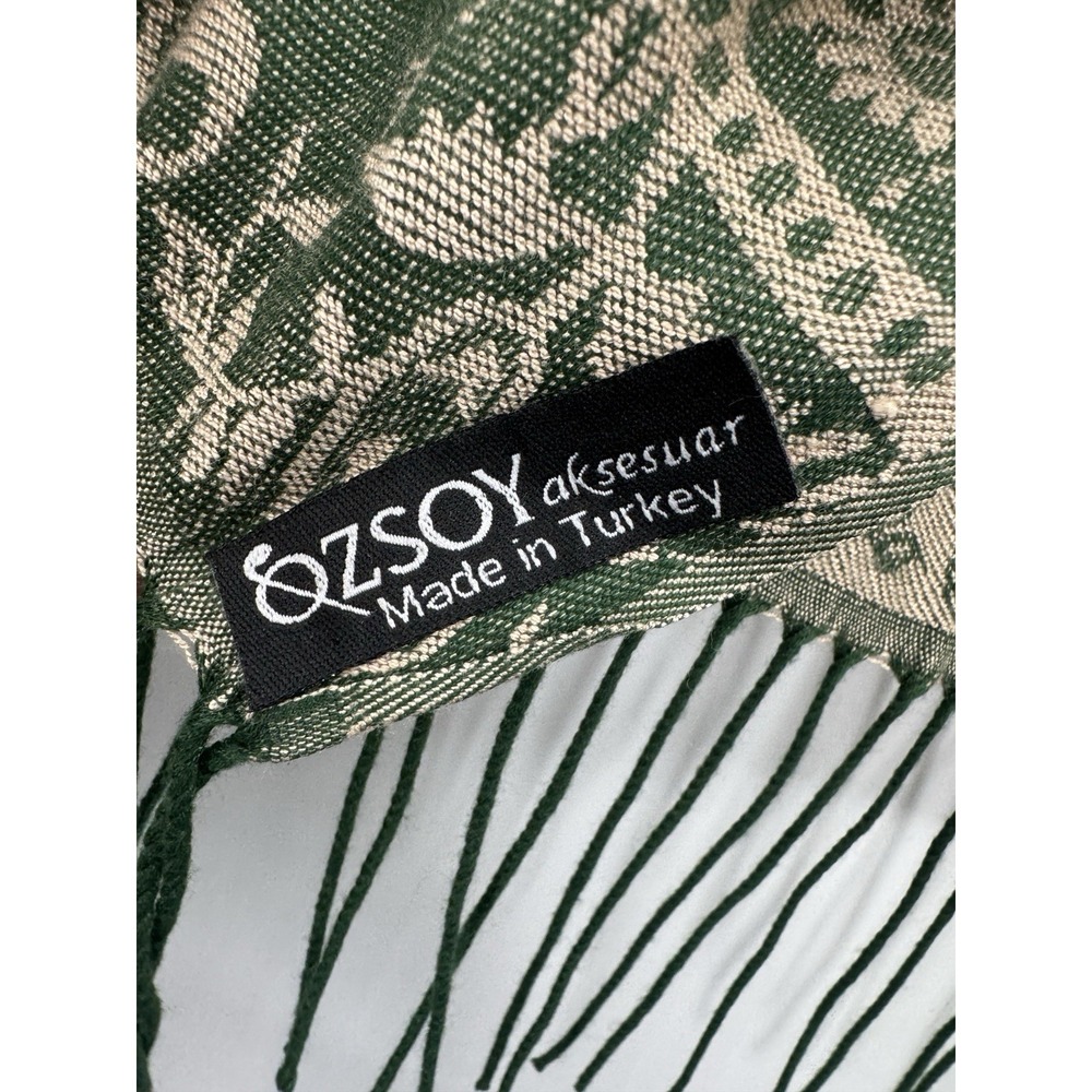 Womens Scarf Wrap Shawl Green Beige Floral Paisley Fringe Pashmina Boho Cottage - Picture 3 of 8